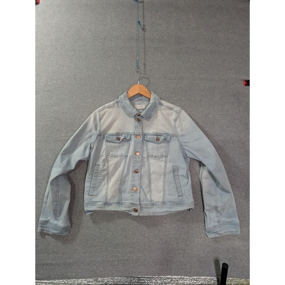 Sono Light Wash Denim Jacket Size L Cropped‎ Button Front Stretch Y2K Style